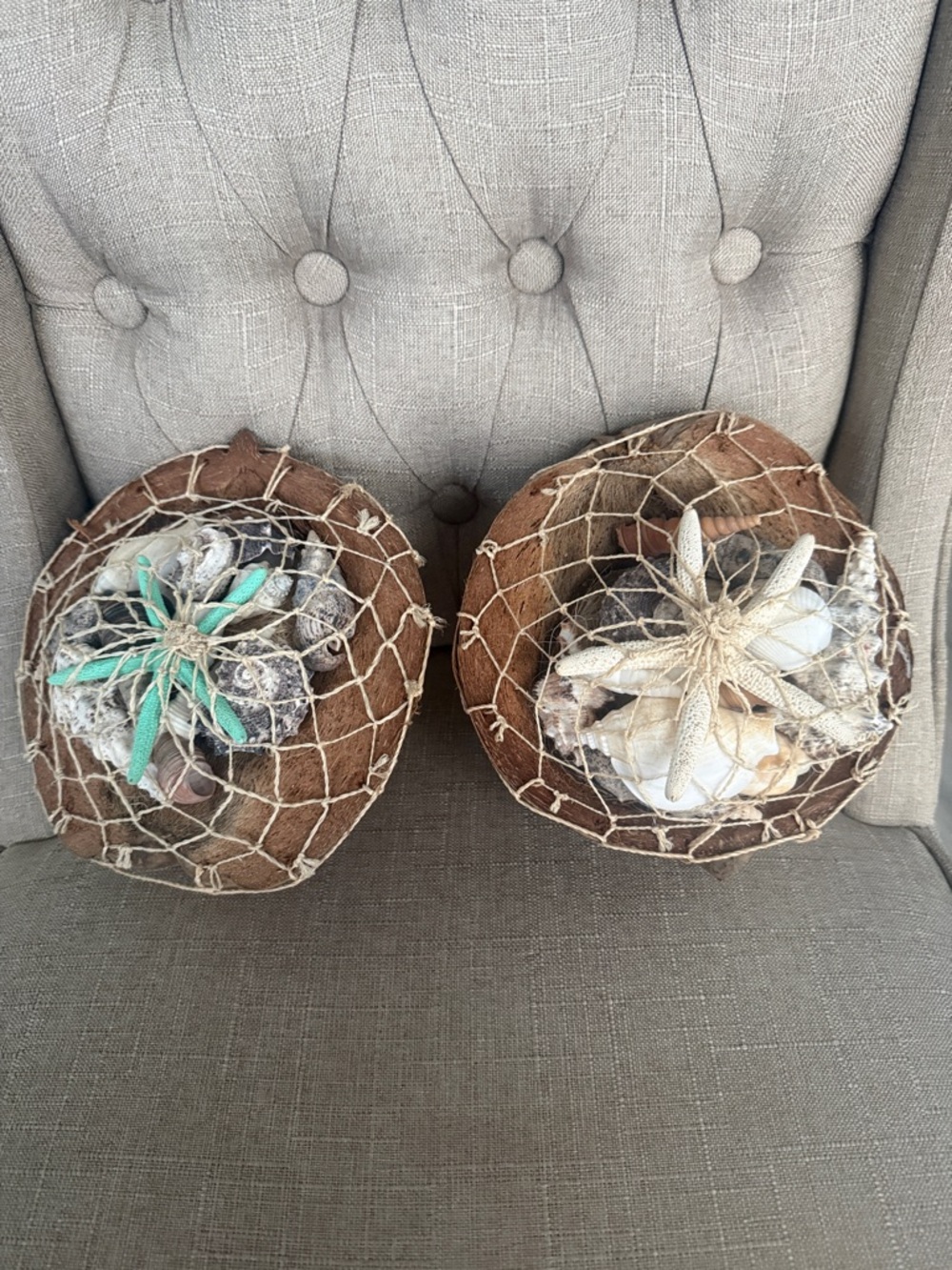 Coconuts with sea shells with beach netting.  Create for a coastal look